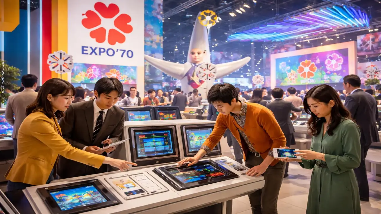 Visitors interacting with digital gaming displays at Expo 70 exhibition showcasing innovation in Japanese gaming, technology, and entertainment design