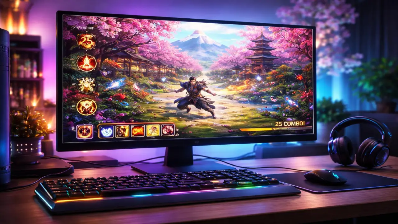 Gaming setup with widescreen monitor displaying Japanese themed action game with samurai character, cherry blossoms, and traditional scenery representing immersive online gaming experience