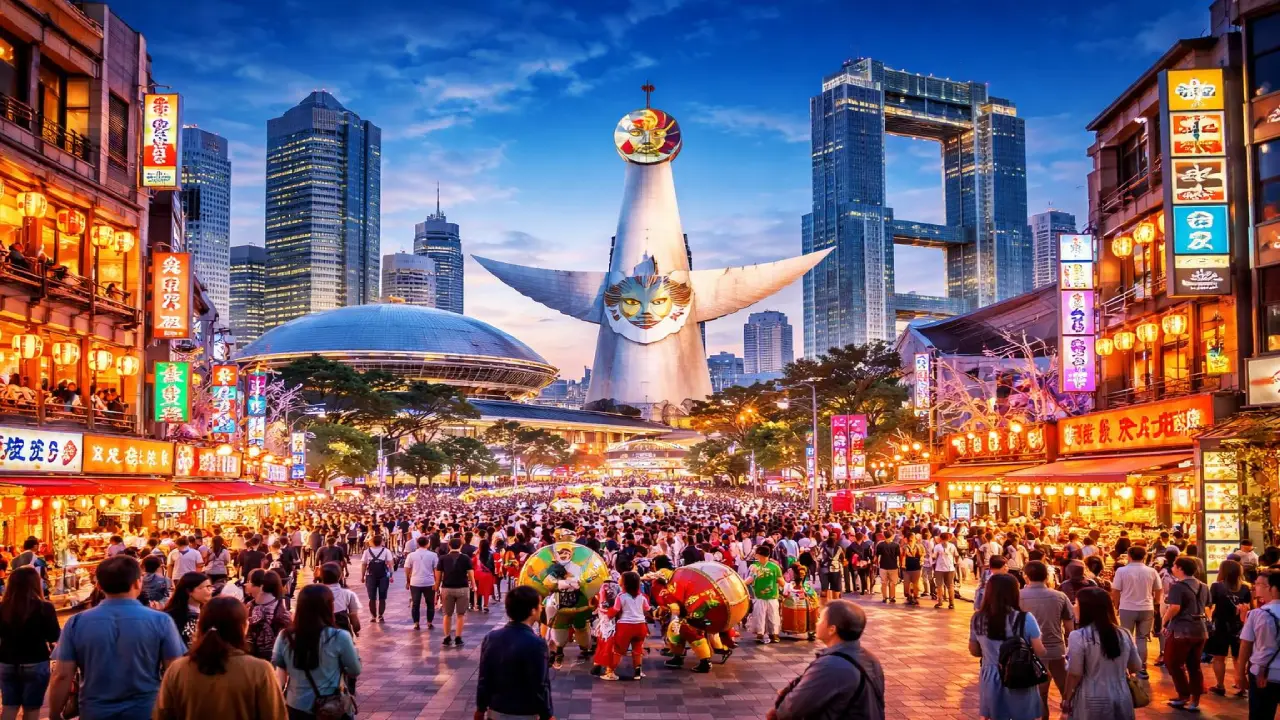 Crowded street in Osaka with vibrant nightlife, lanterns, and view of Tower of the Sun reflecting Japan’s entertainment culture and Expo 70 legacy