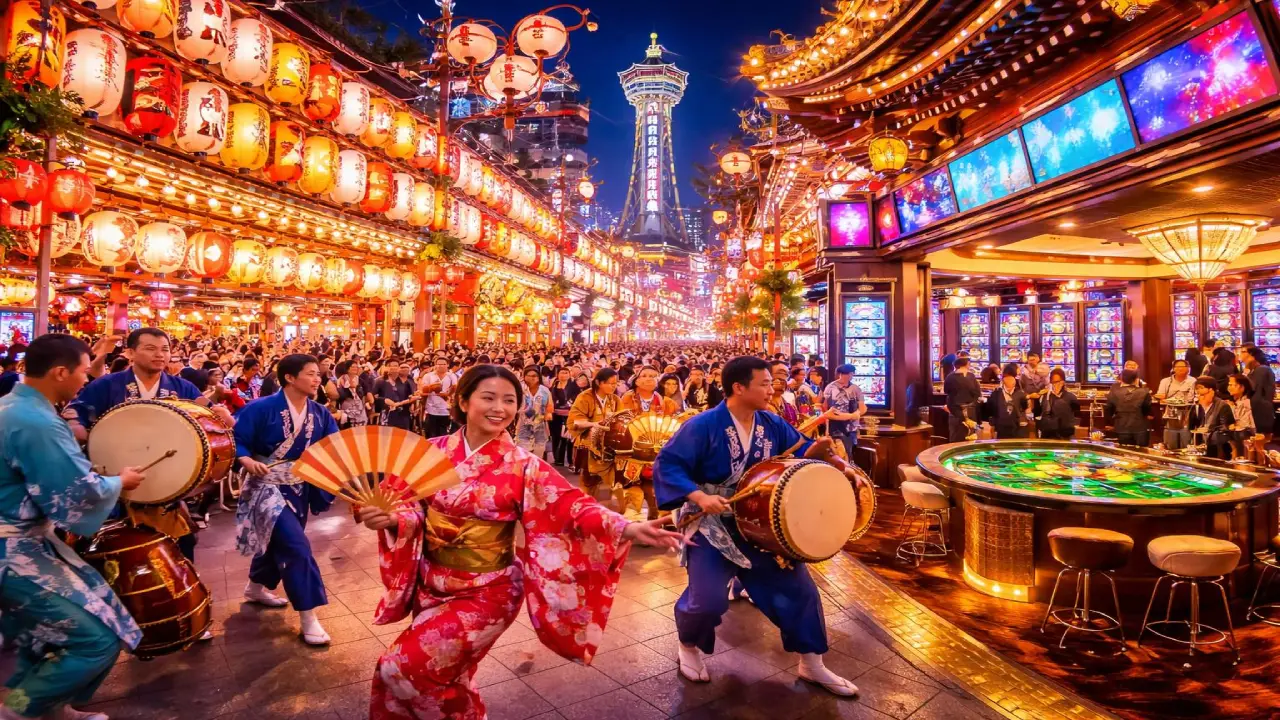 Traditional Japanese festival in Osaka with dancers, lanterns, and vibrant street scene alongside modern casino gaming area with roulette table and slot machines