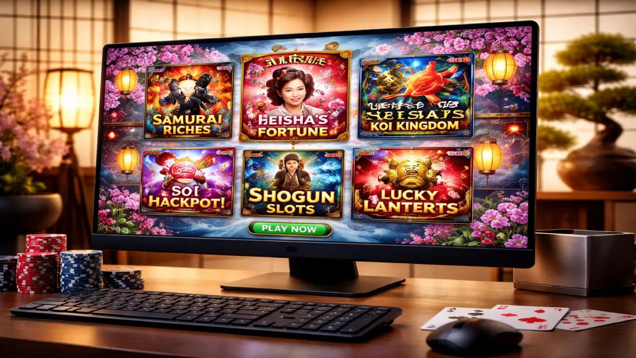 Desktop screen displaying Japanese themed online casino slot games including samurai, koi fish, and lantern themes with poker chips and cards on table