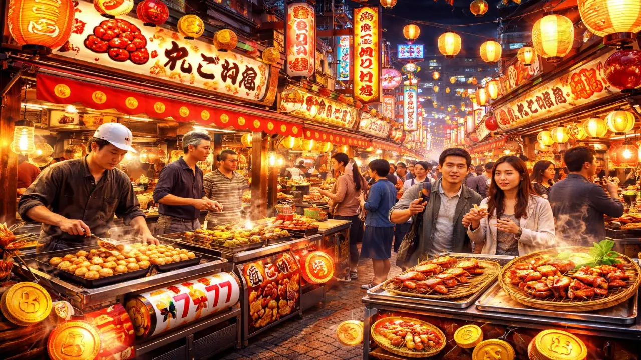 Busy Osaka street food market with lanterns, vendors cooking traditional Japanese dishes, and people enjoying food representing vibrant culture used in casino and slot game themes