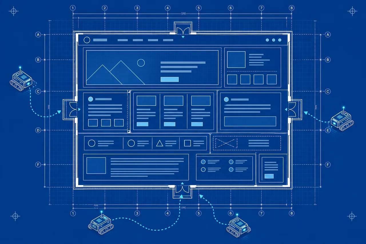 Blueprint of a website with crawlers approaching, AI search visibility basics