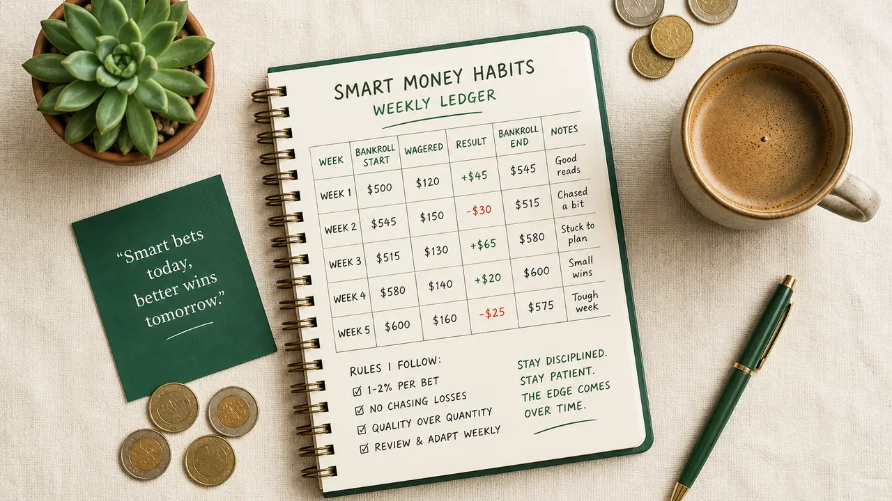 Overhead flat-lay of a sports betting ledger with coffee coins and plant
