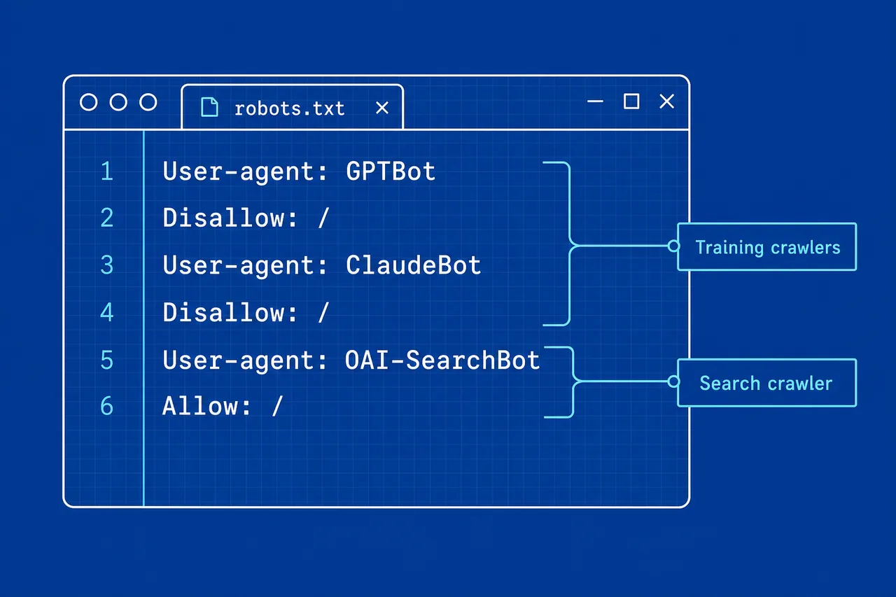 robots.txt blocking training crawlers while allowing a search crawler for AI visibility